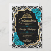 ティール（緑がかった色）金ゴールドブラックダマスクエレガントキンセアニェラ 招待状 (正面)