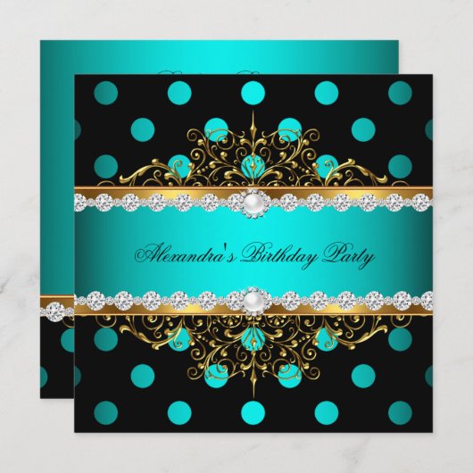 ティール（緑がかった色）金ゴールドブラック水玉模様パールバースデーパーティー 招待状 (正面/裏面)