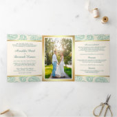 ティール(緑がかった色)金ゴールドペイズリーインディアンスタイル結婚の写真 三つ折り招待状 (内部)