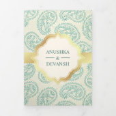 ティール(緑がかった色)金ゴールドペイズリーインディアンスタイル結婚の写真 三つ折り招待状 (カバー)