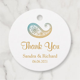 ティール（緑がかった色）&金ゴールドペイズリーインディアン結婚ズサンキューユー フェイバータグ