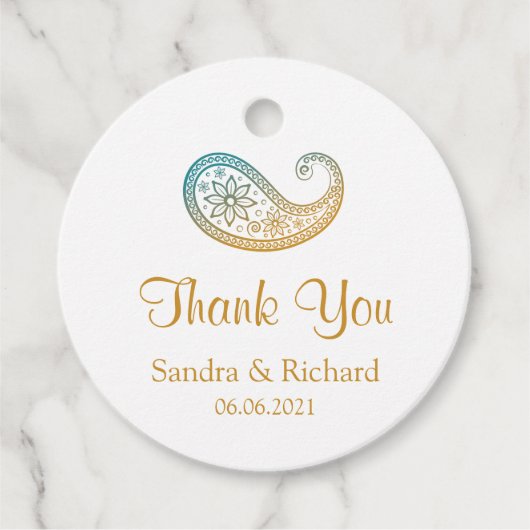 ティール(緑がかった色)&金ゴールドペイズリーインディアン結婚ズサンキューユー フェイバータグ (正面)