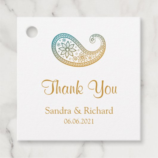 ティール（緑がかった色）&金ゴールドペイズリーインディアン結婚ズサンキューユー フェイバータグ (正面)