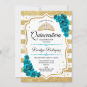 ティール(緑がかった色)金ゴールドホワイトストライプズキンセアニェラ 招待状 (正面)