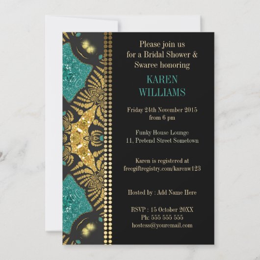 ティール(緑がかった色)+金ゴールドボヘミアブライダルシャワー招待状 招待状 (裏面)