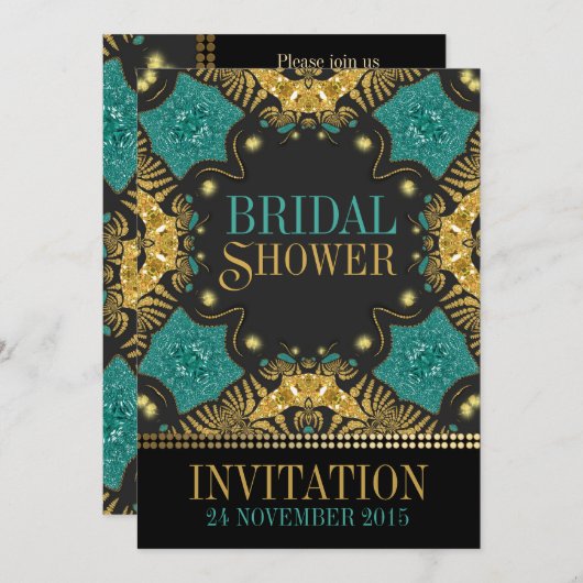 ティール(緑がかった色)+金ゴールドボヘミアブライダルシャワー招待状 招待状 (正面/裏面)