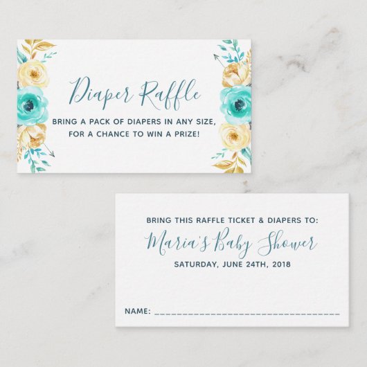 ティール（緑がかった色）金ゴールドボーイ赤ちゃんシャワーおむつラッフルチケット エンクロージャーカード (正面/裏面)