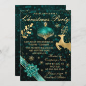 ティール（緑がかった色）&金ゴールドボーブル&リボンクリスマスパーティー 招待状 (正面/裏面)