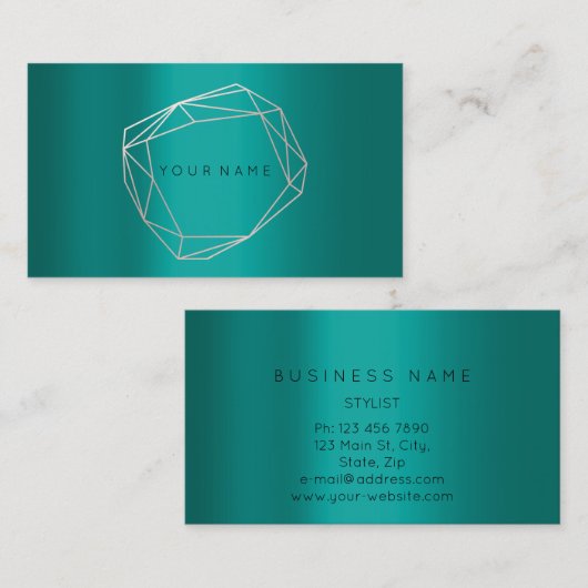 ティール(緑がかった色)金ゴールドポリゴナルフレーム幾何学模様 名刺 (正面/裏面)