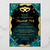ティール（緑がかった色）金ゴールドマスカレードパーティードレスキンセアニェラ 箔招待状 (正面)