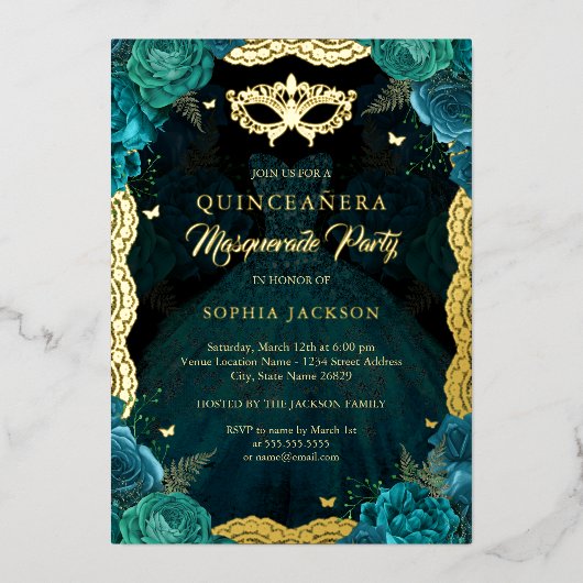 ティール（緑がかった色）金ゴールドマスカレードパーティーバラドレスキンセアニェラ 箔招待状 (正面)