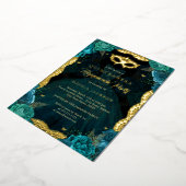 ティール（緑がかった色）金ゴールドマスカレードパーティーバラドレスキンセアニェラ 箔招待状 (回転した状態)