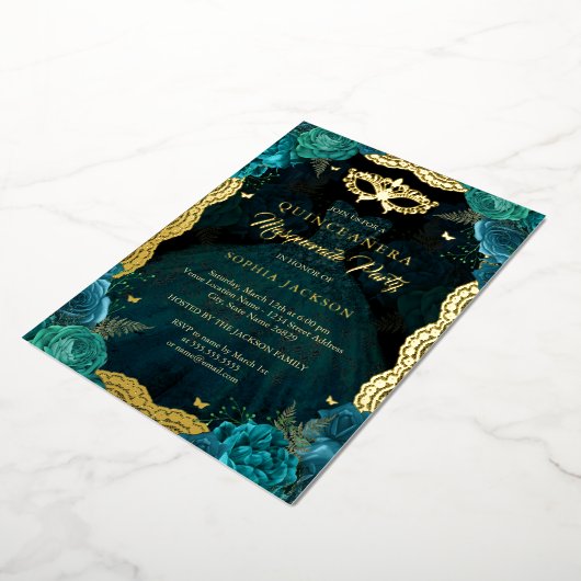 ティール（緑がかった色）金ゴールドマスカレードパーティーバラドレスキンセアニェラ 箔招待状 (回転した状態)