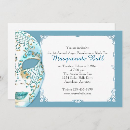 ティール（緑がかった色）金ゴールドマスカレードマルディグラスボール招待状 招待状 (正面/裏面)