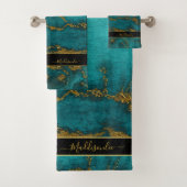 ティール(緑がかった色)金ゴールドマーブルアゲートモノグラム名カスタム バスタオルセット (インサイチュ)