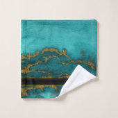 ティール(緑がかった色)金ゴールドマーブルアゲートモノグラム名カスタム バスタオルセット (ウォッシュタオル)