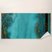 ティール(緑がかった色)金ゴールドマーブルアゲートモノグラム名カスタム ビーチタオル (正面)