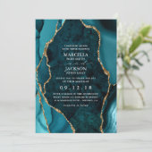 ティール（緑がかった色）&金ゴールドマーブルアゲート結婚式招待状 招待状 (スタンド正面)