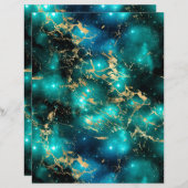ティール(緑がかった色)&金ゴールドマーブル銀河系スクラップブック紙シート (正面/裏面)
