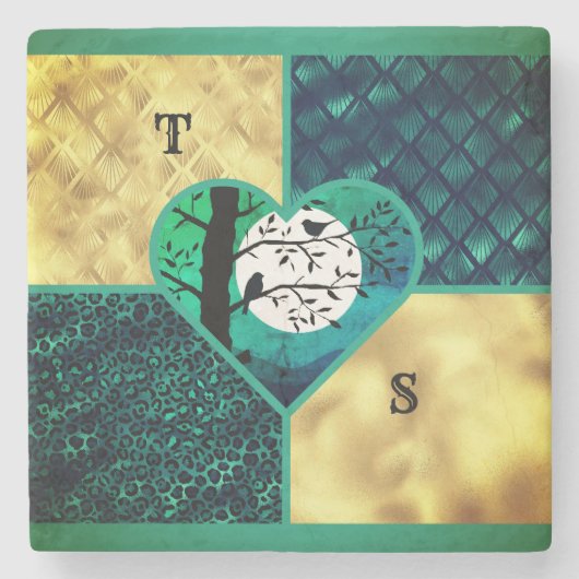 ティール（緑がかった色）&金ゴールドムーンライトバード ストーンコースター (正面)