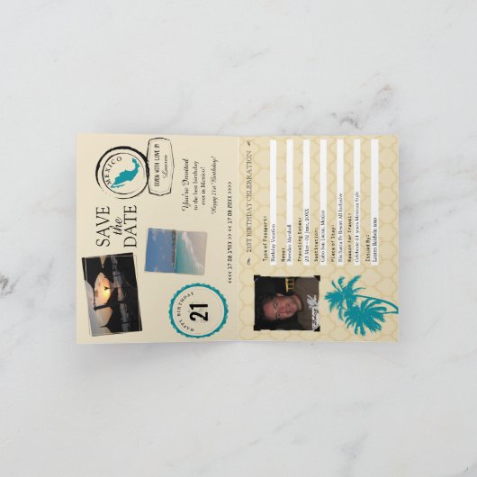 ティール（緑がかった色）金ゴールドメキシコ21ST誕生日パスポート招待状 招待状 (内部)