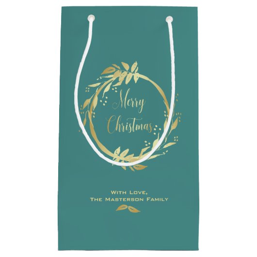 ティール(緑がかった色)金ゴールドメリークリスマスホリーリースホリデイ スモールペーパーバッグ (正面)