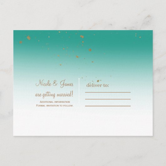 ティール（緑がかった色）&金ゴールドモダングラムシック結婚式の日付を保存 案内ポストカード (裏面)