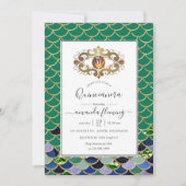ティール(緑がかった色)&金ゴールドモノグラムジェムストンマーメイドキンセアニラ 招待状 (正面)