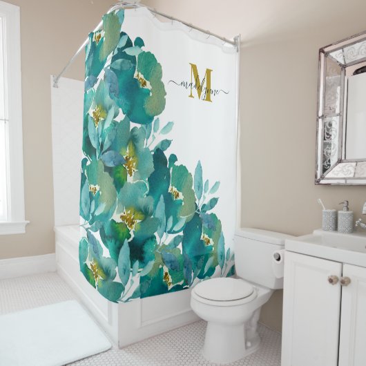 ティール（緑がかった色）金ゴールドモノグラム名水色フローラ シャワーカーテン (インサイチュ)