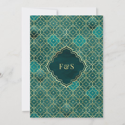 ティール(緑がかった色)金ゴールドモロッコアーチムスリム結婚ズ 招待状 (裏面)