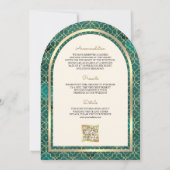 ティール(緑がかった色)金ゴールドモロッコQRコードシーク結婚アーチズ 招待状 (裏面)