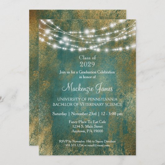 ティール(緑がかった色)金ゴールドライト卒業パーティ招待状 招待状 (正面/裏面)