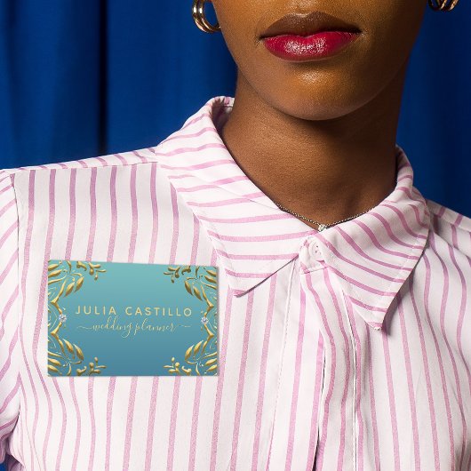 ティール(緑がかった色)金ゴールドラグジュアリーグラムエレガント書道スクリプト 名札