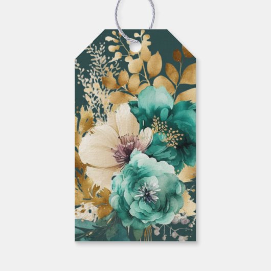 ティール（緑がかった色）金ゴールドラックスフローラ結婚ズサンキューギフトラベル ギフトタグ (裏面)