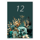 ティール(緑がかった色)金ゴールドラックス結婚フローラのテーブルカード テーブルナンバー (正面)