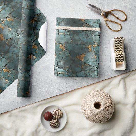 ティール(緑がかった色)&金ゴールドリーフパテ動揺してィナパターンデザイン ラッピングペーパー (クラフト)