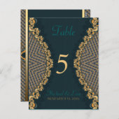 ティール(緑がかった色)+金ゴールドレースゲストテーブル番号とメニュー ポストカード (正面/裏面)