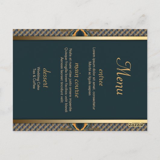 ティール(緑がかった色)+金ゴールドレースゲストテーブル番号とメニュー ポストカード (裏面)