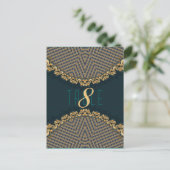 ティール（緑がかった色）+金ゴールドレースパターン披露宴テーブル番号と名前 ポストカード (スタンド正面)