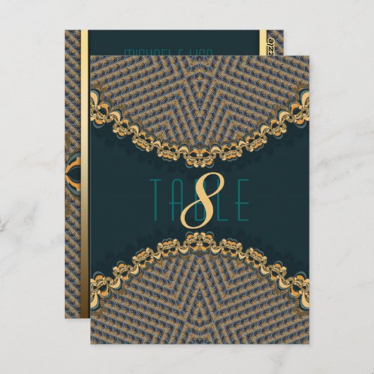 ティール（緑がかった色）+金ゴールドレースパターン披露宴テーブル番号と名前 ポストカード (正面/裏面)