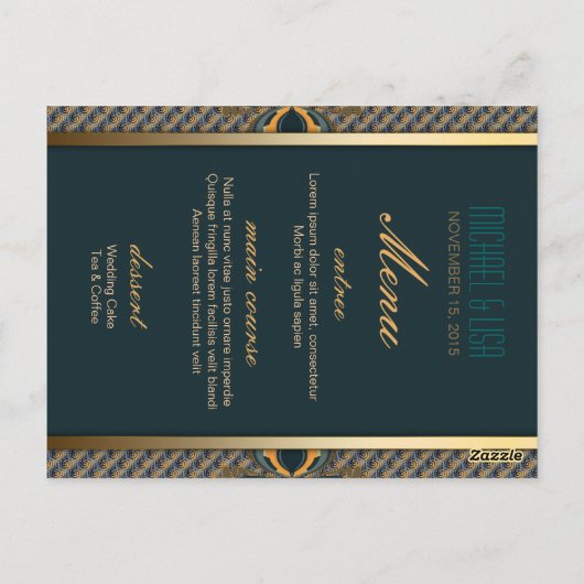ティール（緑がかった色）+金ゴールドレースパターン披露宴テーブル番号と名前 ポストカード (裏面)