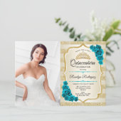 ティール（緑がかった色）金ゴールド写真エレガントキンセアニェラ 招待状 (スタンド正面)