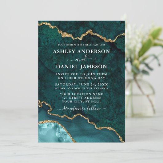 ティール(緑がかった色)金ゴールド大理石ゲートGeodeフォト結婚ズ 招待状 (スタンド正面)