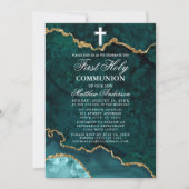 ティール(緑がかった色)金ゴールド大理石瑪瑙Geodeファーストホーリーコミュニオン 招待状 (正面)