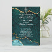 ティール(緑がかった色)金ゴールド大理石瑪瑙Geodeファーストホーリーコミュニオン 招待状 (スタンド正面)