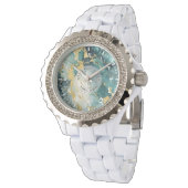 ティール（緑がかった色）&金ゴールド大理石Rhinestoneウォッチ – ホワイトエナメル 腕時計 (アングル)