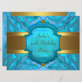 ティール（緑がかった色）金ゴールド女性50th誕生日パーティー 招待状 (正面/裏面)