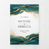 ティール（緑がかった色）金ゴールド抽象芸術インクQRコー結婚ド 三つ折り招待状 (カバー)