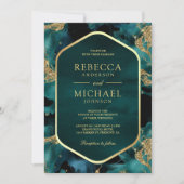 ティール(緑がかった色)金ゴールド抽象芸術流体インクフォト結婚ズ 招待状 (正面)