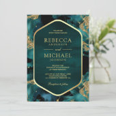 ティール(緑がかった色)金ゴールド抽象芸術流体インクフォト結婚ズ 招待状 (スタンド正面)